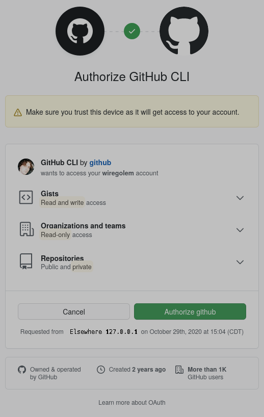 Authorize gh access to github account